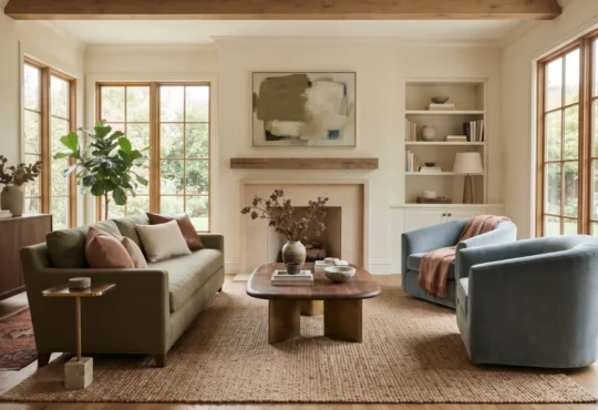 Timeless living room using warm earthy neutrals, olive green, softened blue, natural wood, and layered textiles