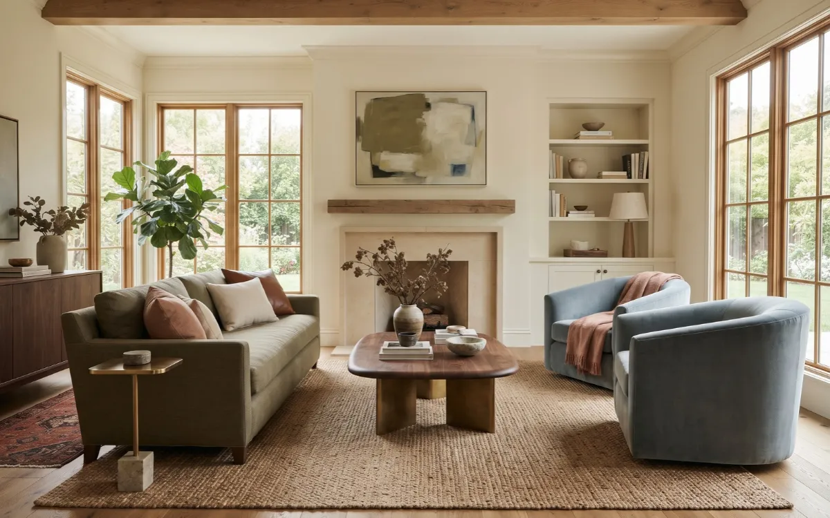 Timeless living room using warm earthy neutrals, olive green, softened blue, natural wood, and layered textiles