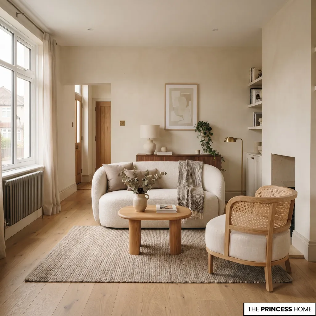 Compact curved furniture arranged in a small modern living room with clear circulation and usable floor space.
