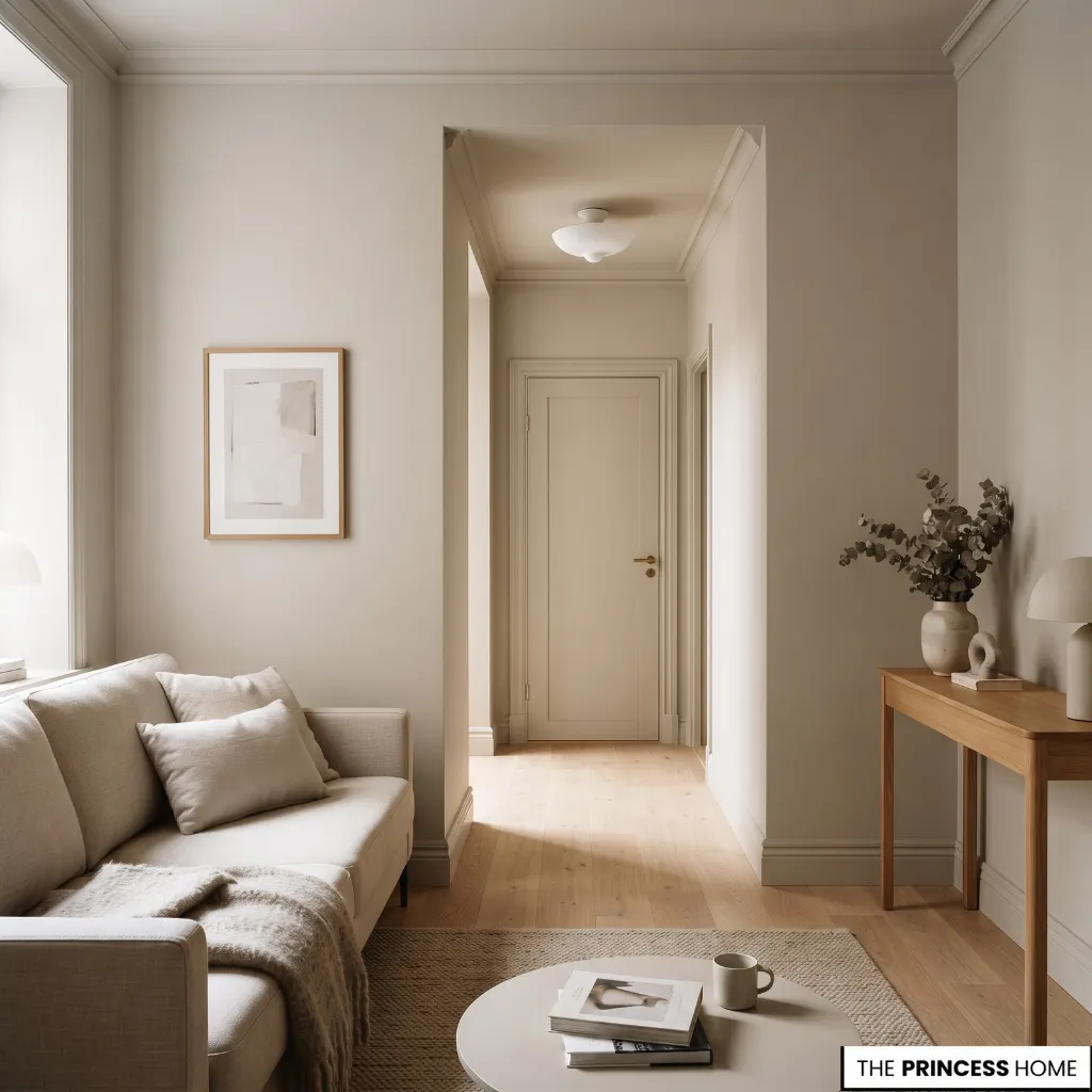 Small apartment hallway and living room with closely related wall, trim, door, and ceiling colors