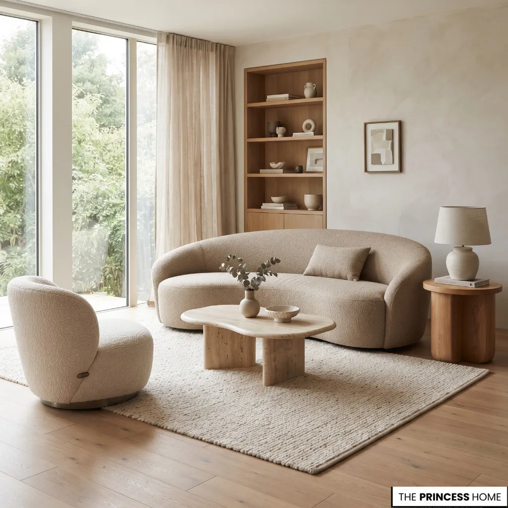 Curved living room furniture combining linen upholstery, wood, stone, and subtle metal materials.