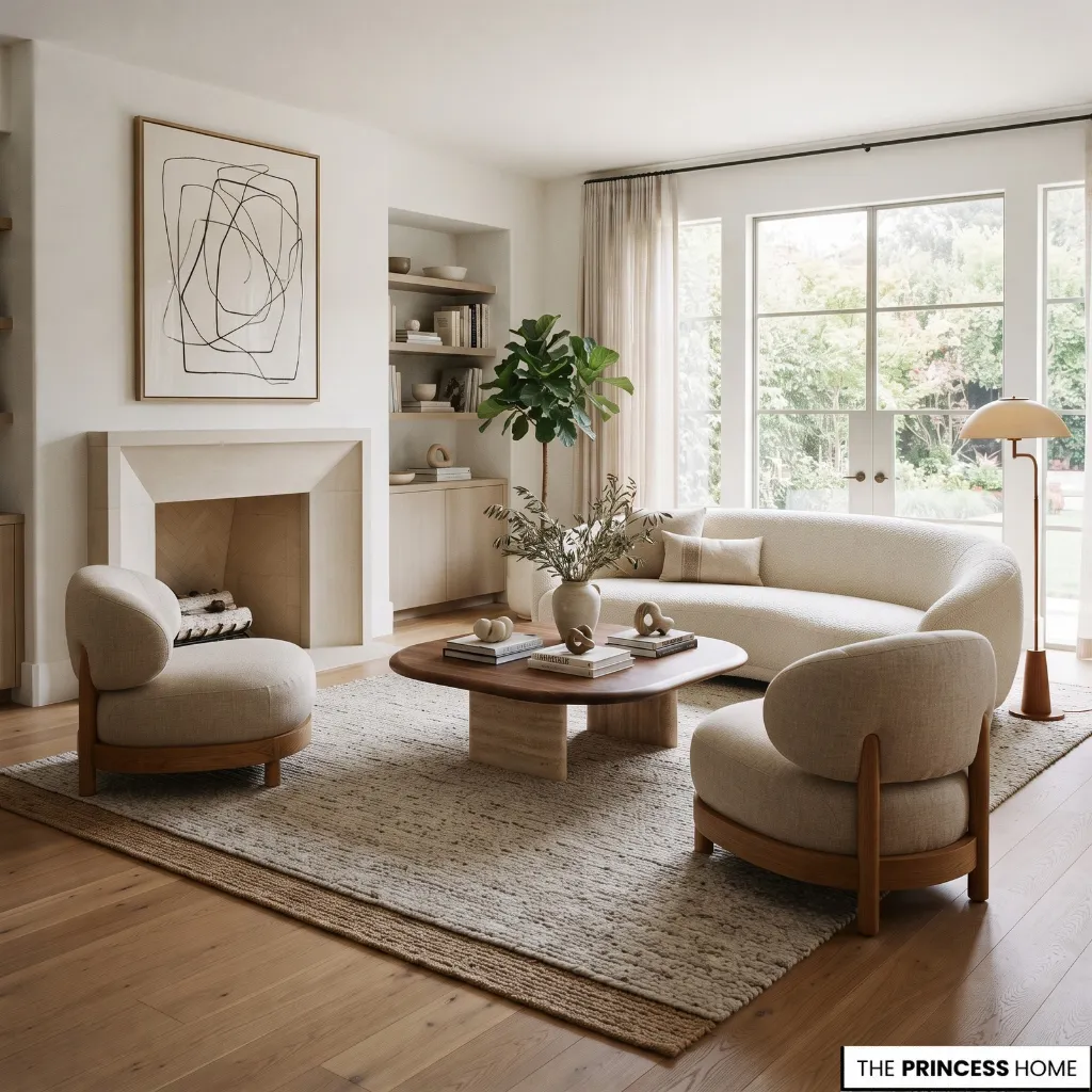 Curved seating oriented toward a shared coffee table to create a comfortable conversation area.