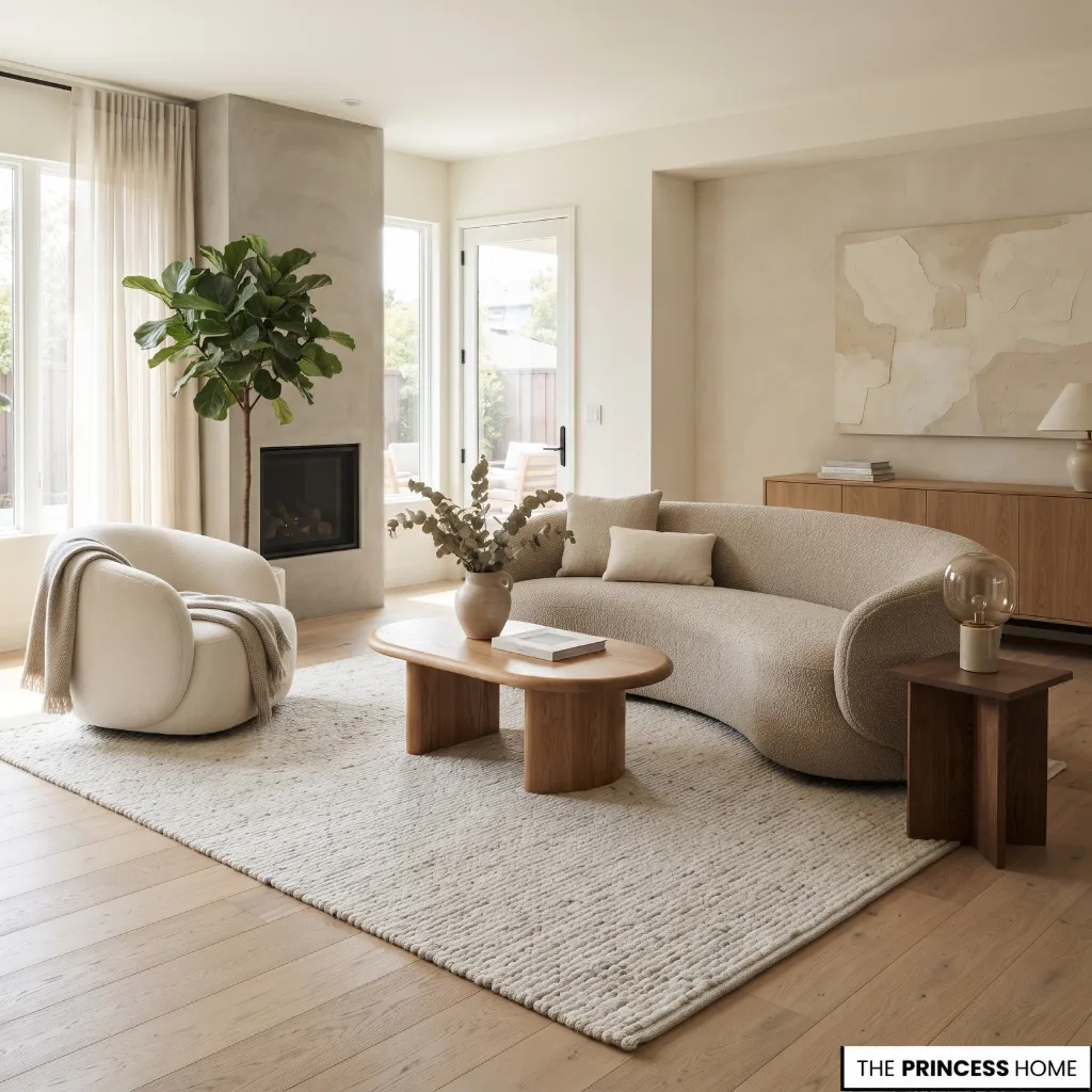 Modern living room combining a curved sofa, rounded armchair, and oval coffee table in different visual roles.