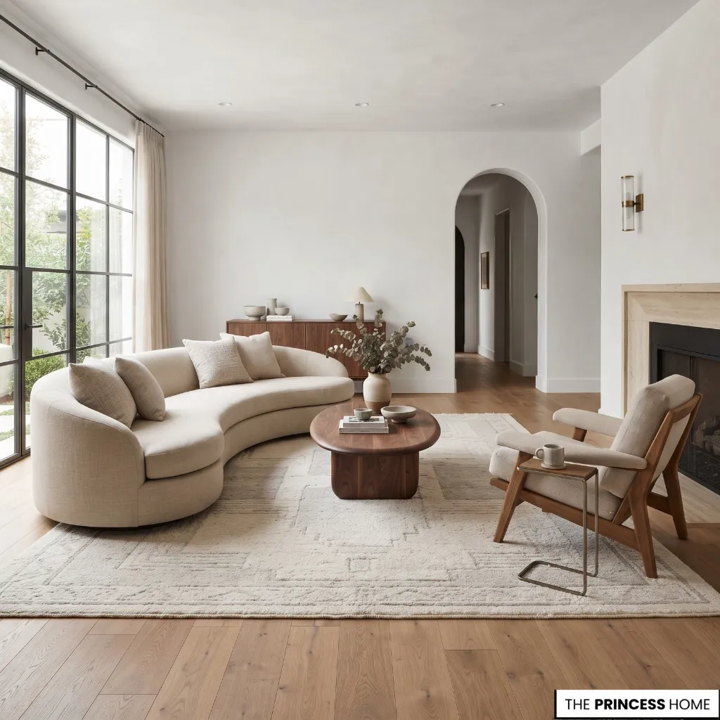 Curved sofa correctly scaled within a modern living room with clear circulation around the seating area.