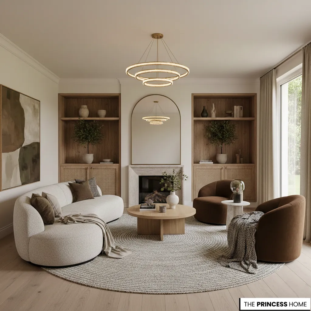 Sculptural curved sofa in a quiet neutral palette with controlled color throughout a modern living room.