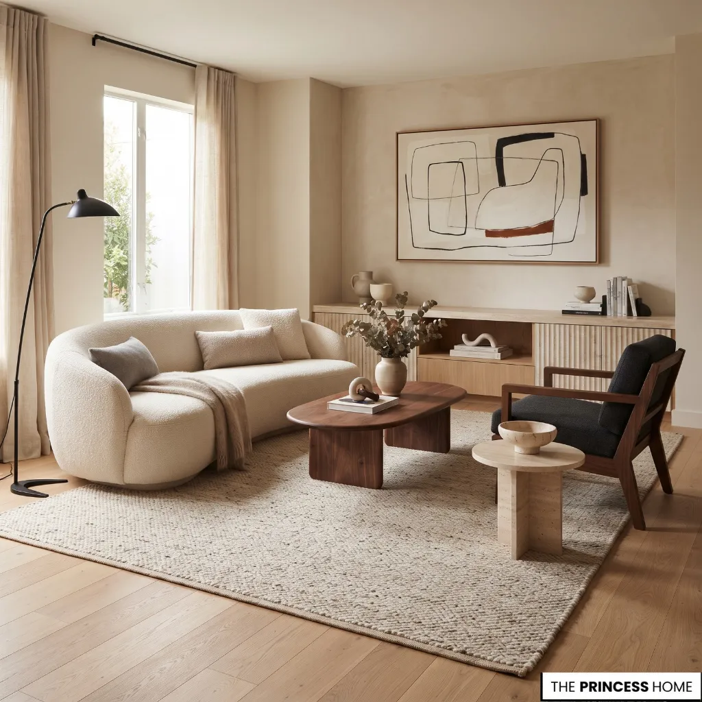 Curved sofa arranged with a rectangular rug, oval coffee table, secondary chair, cushions, and functional side table.