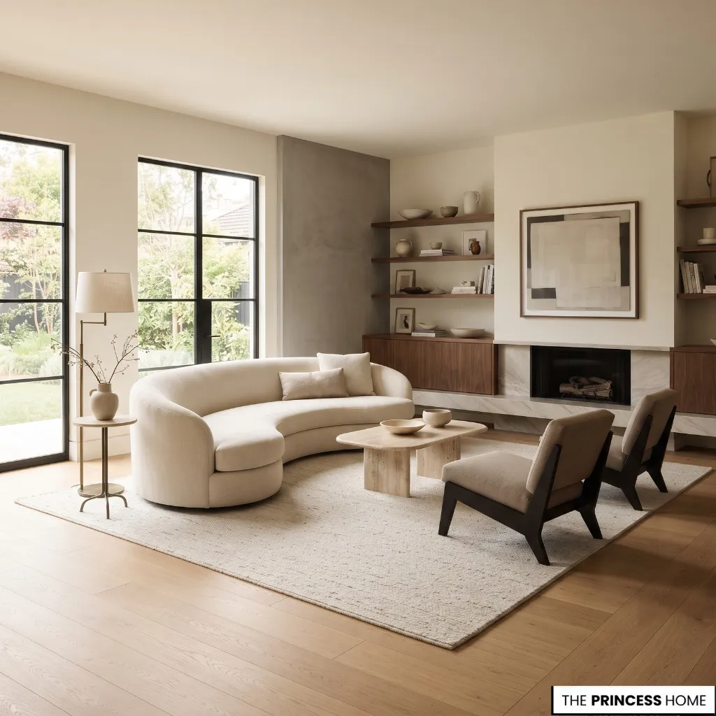 Curved sofa with softly rounded edges in a modern living room with contrasting straight architectural lines.