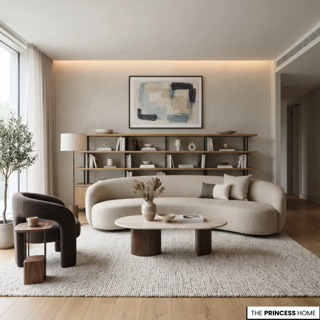Curved sofa balanced with a rectangular rug, linear shelving, and rectangular artwork in a modern living room.