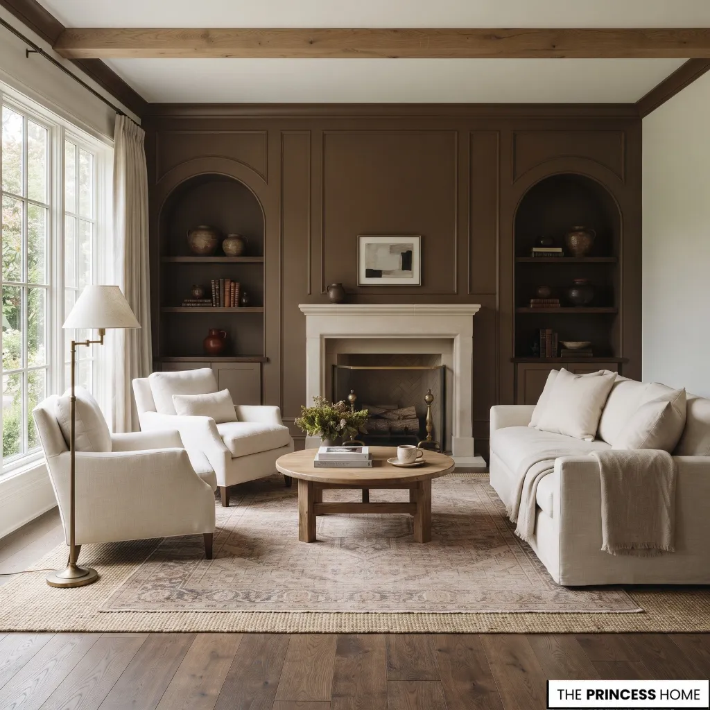 Refined room with a deep brown wall balanced by cream textiles, natural wood, and lighter furnishings