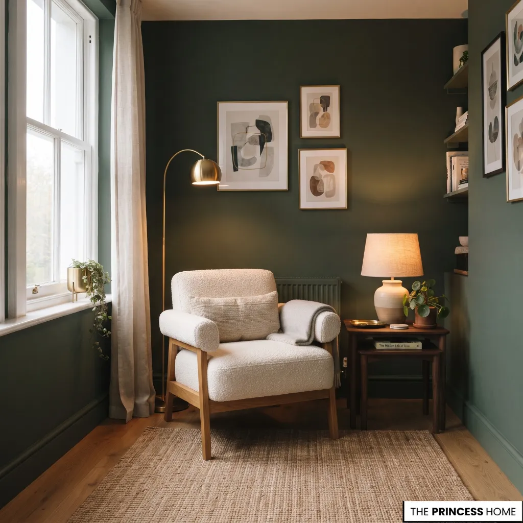 Small apartment sitting room with deep green walls, warm wood furniture, and intimate layered styling