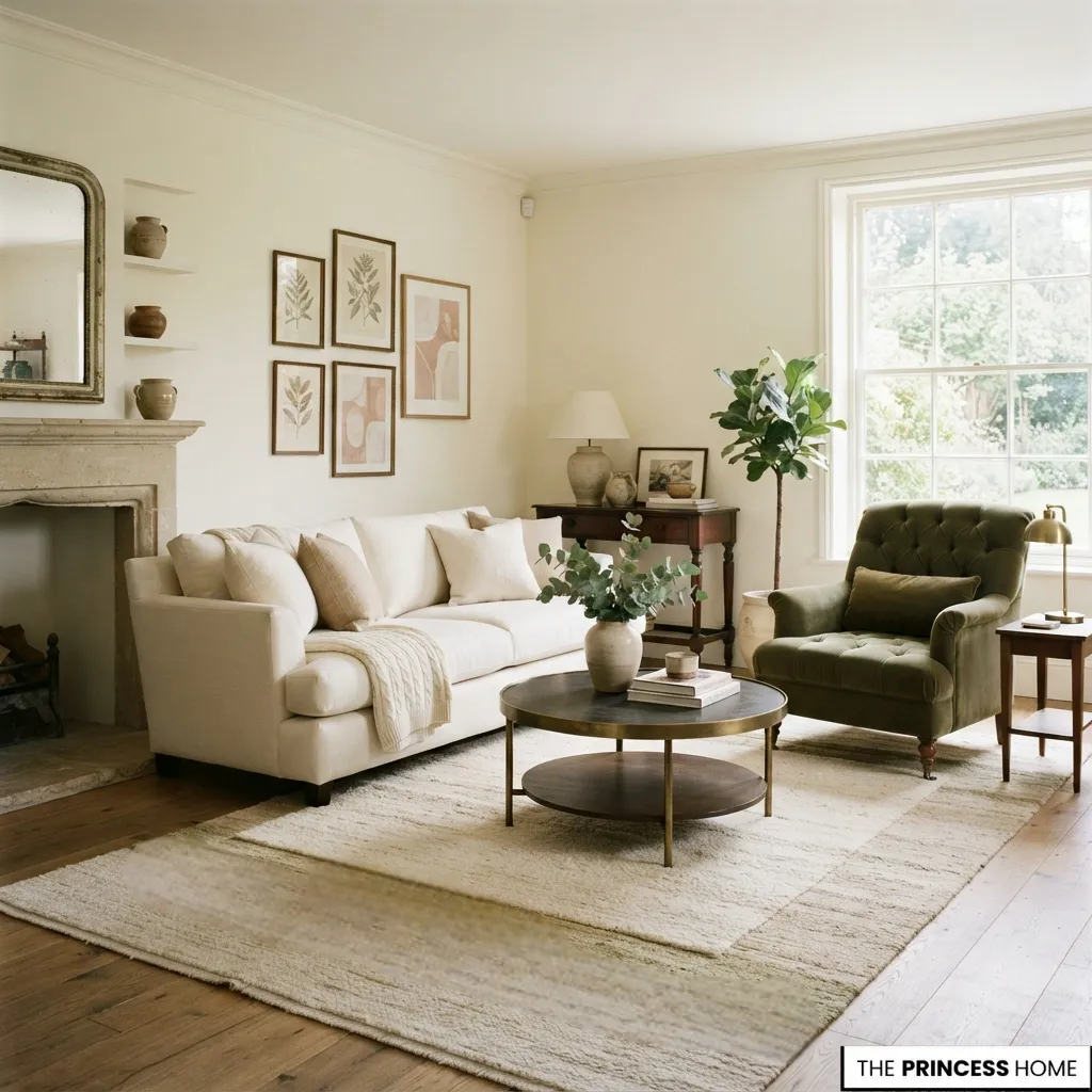 Living room organized with warm cream as dominant color, olive as supporting color, and earthy pink as an accent