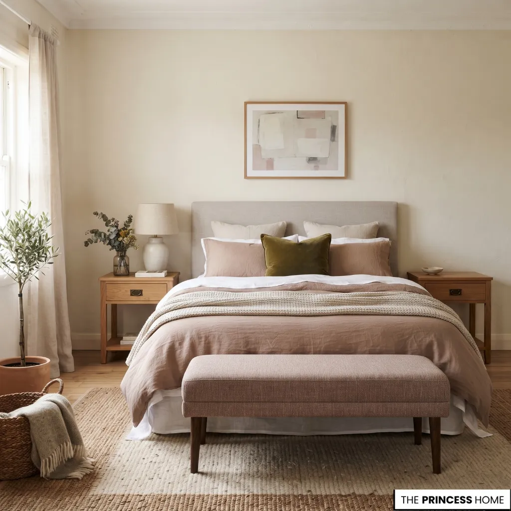 Bedroom with muted earthy pink bedding, cream walls, olive accents, and warm wood