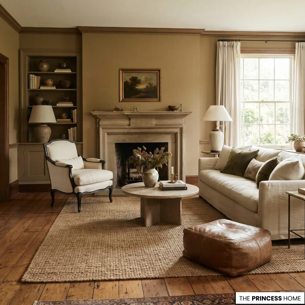 Existing living room materials coordinated with warm earthy wall color, wood, stone, and upholstery