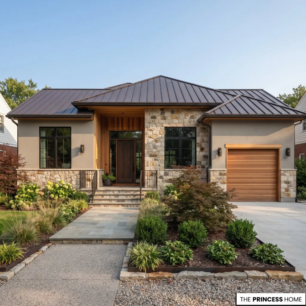 House exterior showing coordinated paint with roof, stone, wood, windows, and landscaping