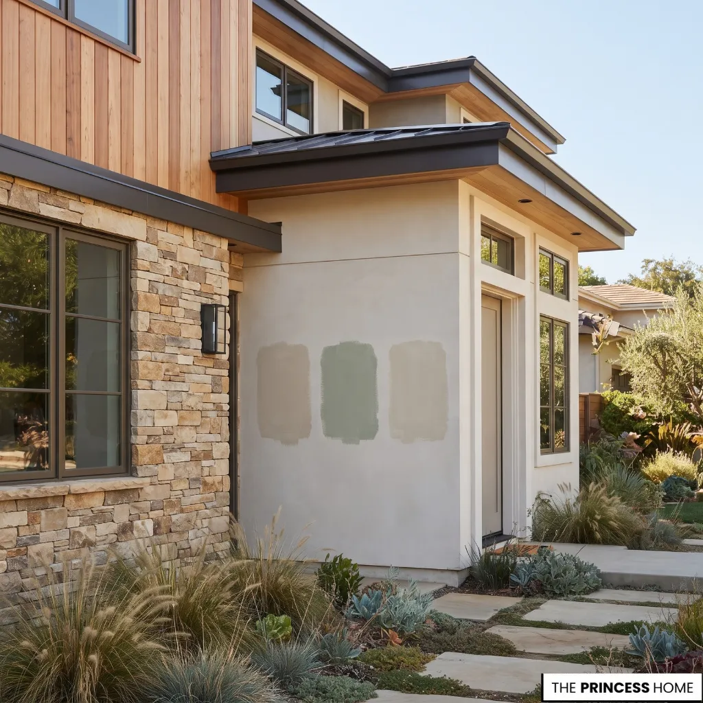Several physical exterior paint samples tested beside the roof, stone, and trim