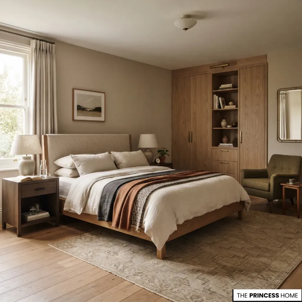 Functional bedroom with practical bedside storage, useful seating, and clear circulation around the bed.