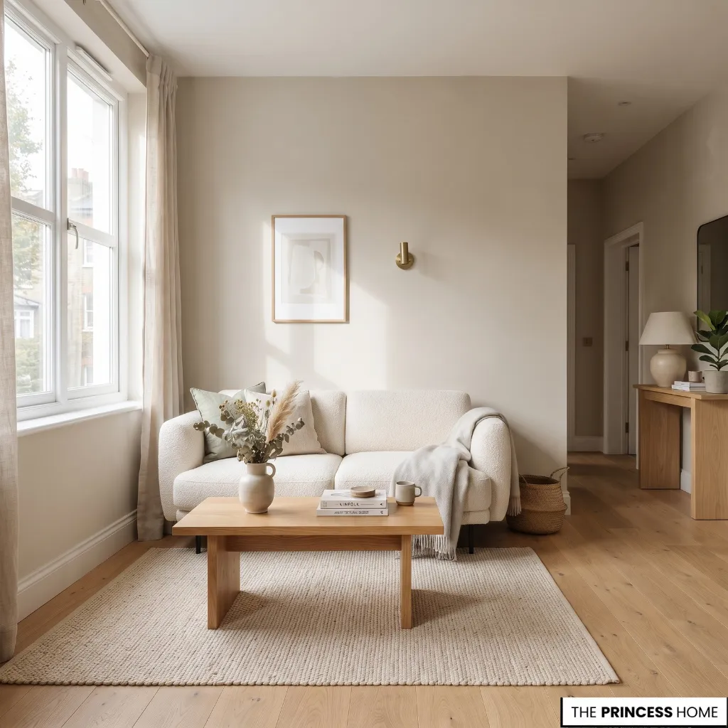 Compact apartment room with pale walls reflecting natural light across light furnishings and flooring