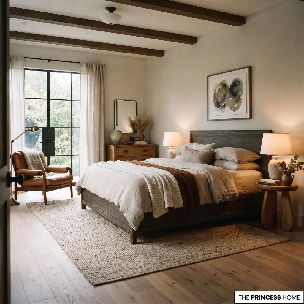 Personalized bedroom combining warm materials, comfortable furniture, natural character, and an uncluttered layout.