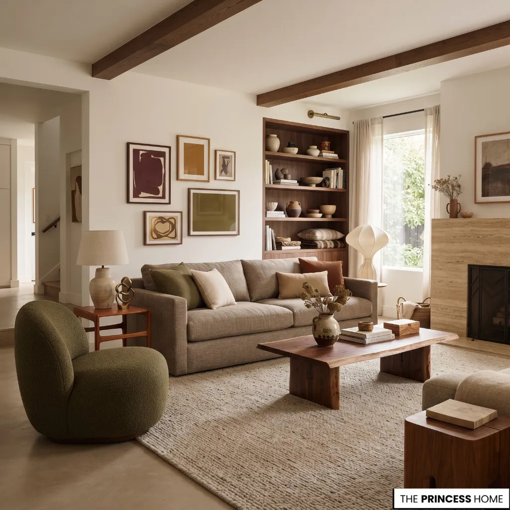 Modern living room showing warm color, natural materials, comfortable furniture, and a mix of contemporary and vintage pieces