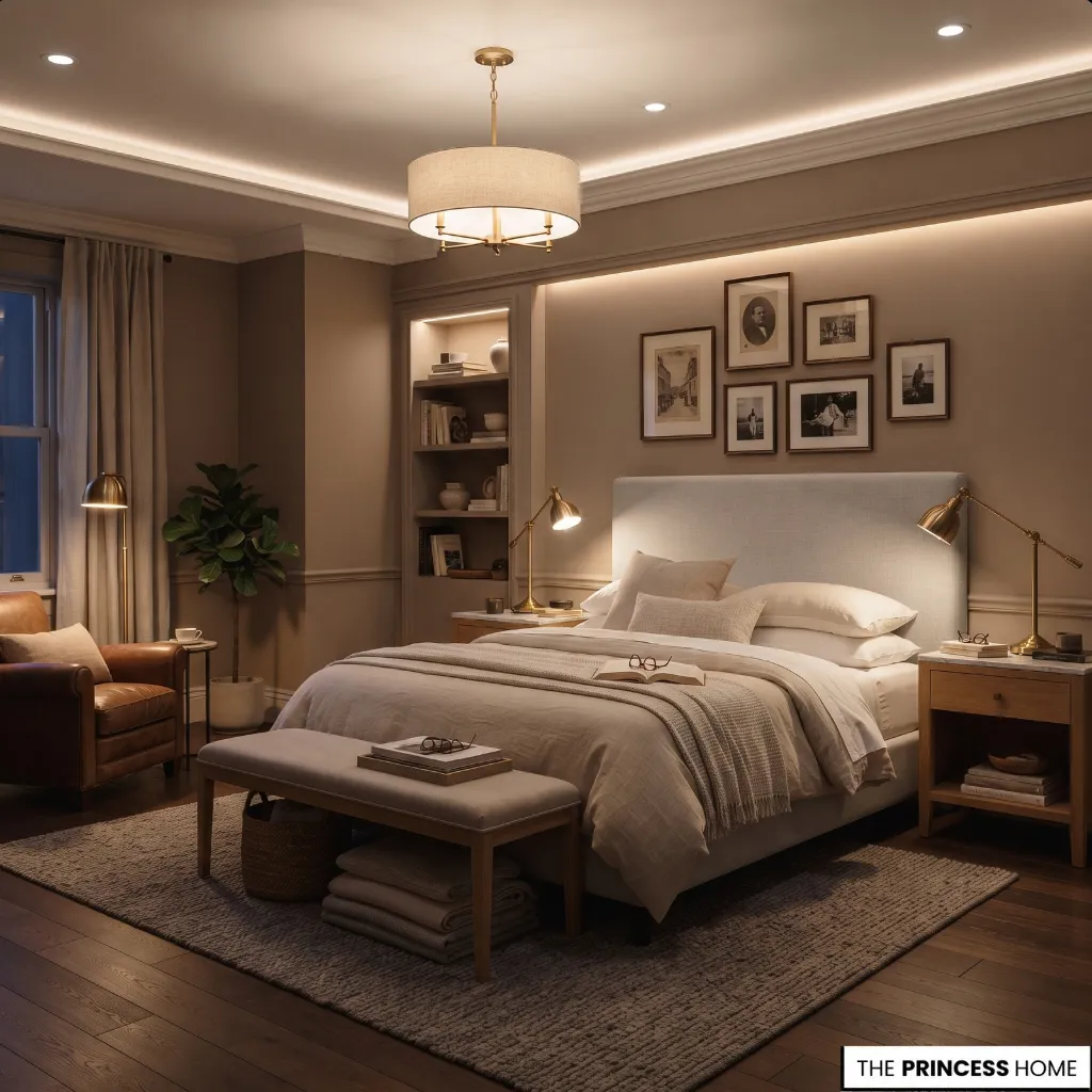 Bedroom showing ambient ceiling lighting, bedside reading lights, and softer accent lighting.