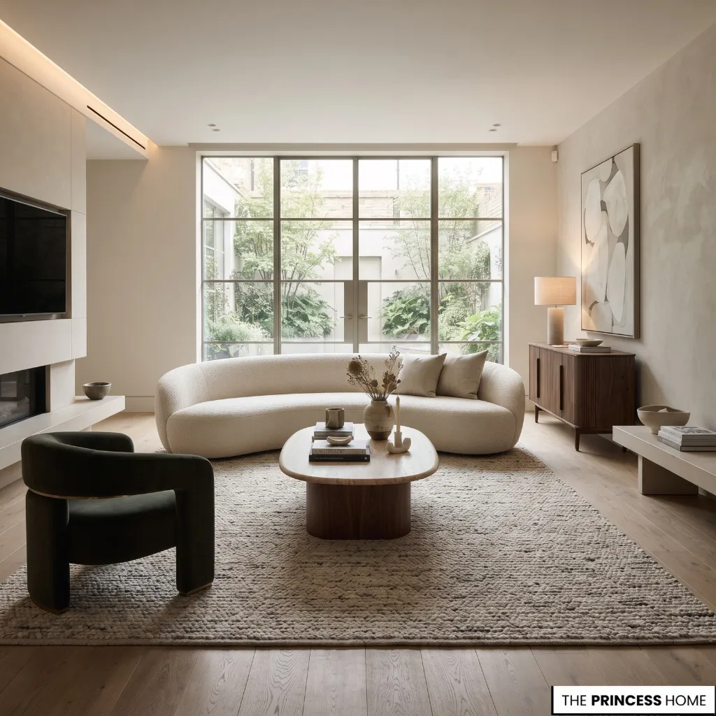 Completed modern living room built from architecture and primary seating through rug, table, materials, lighting, and accessories.