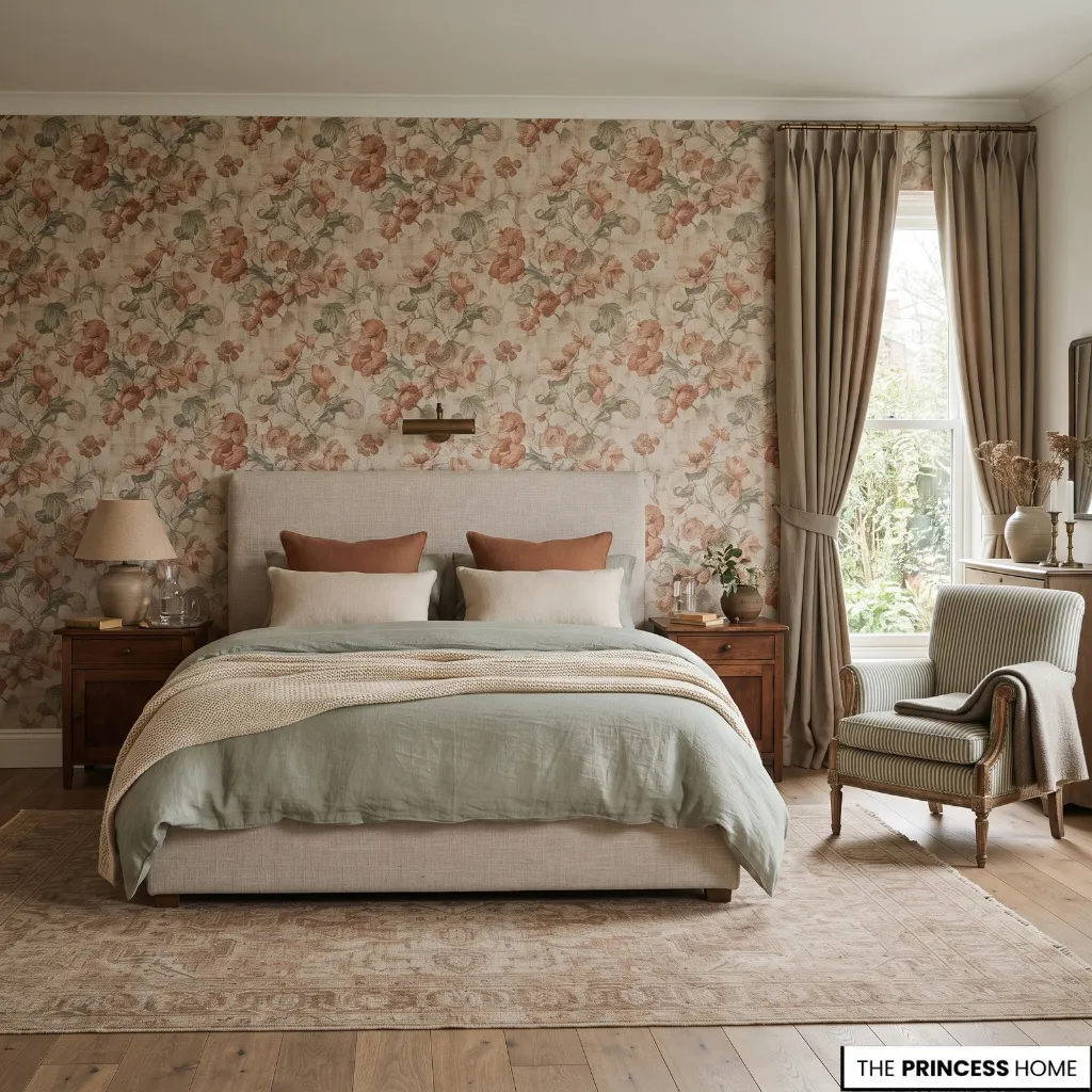 Bedroom using a large floral pattern with a smaller coordinating stripe and quieter surrounding surfaces.