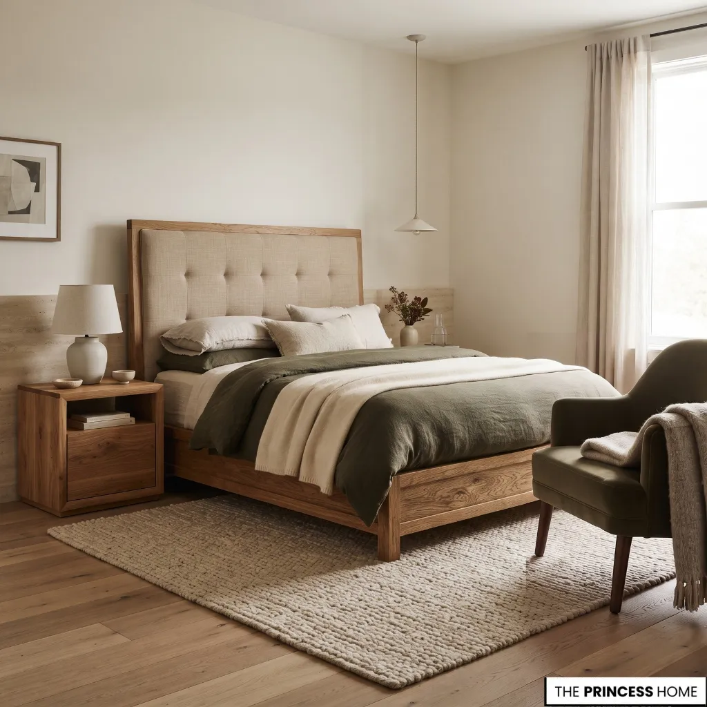 Bedroom combining natural wood, linen, wool, and textured upholstery.