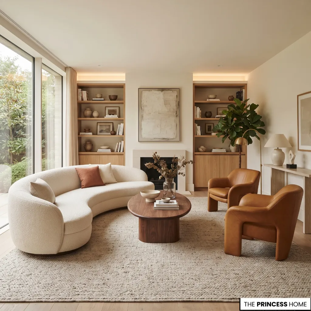 A warm luxury living room featuring a cream curved bouclé sofa, an oval wooden coffee table, and two caramel leather armchairs on a textured rug