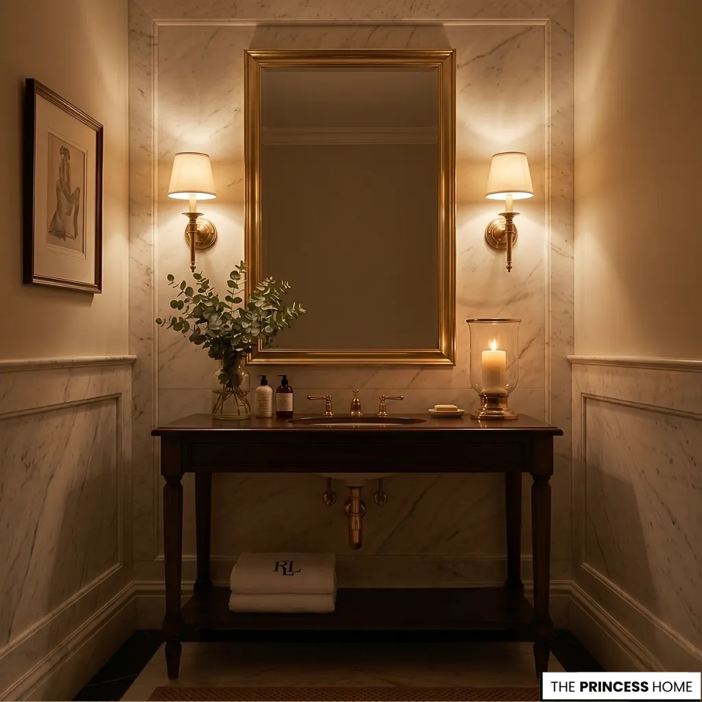 Upscale powder room featuring marble paneling, a mahogany washstand, a large gold mirror, and glowing brass sconces.