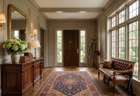 Luxury entryway with a wooden console table, leather bench, ornate rug, large mirror, and bright windows.
