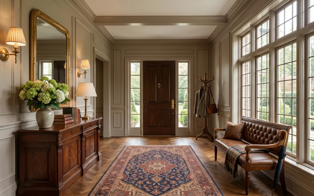 Luxury entryway with a wooden console table, leather bench, ornate rug, large mirror, and bright windows.