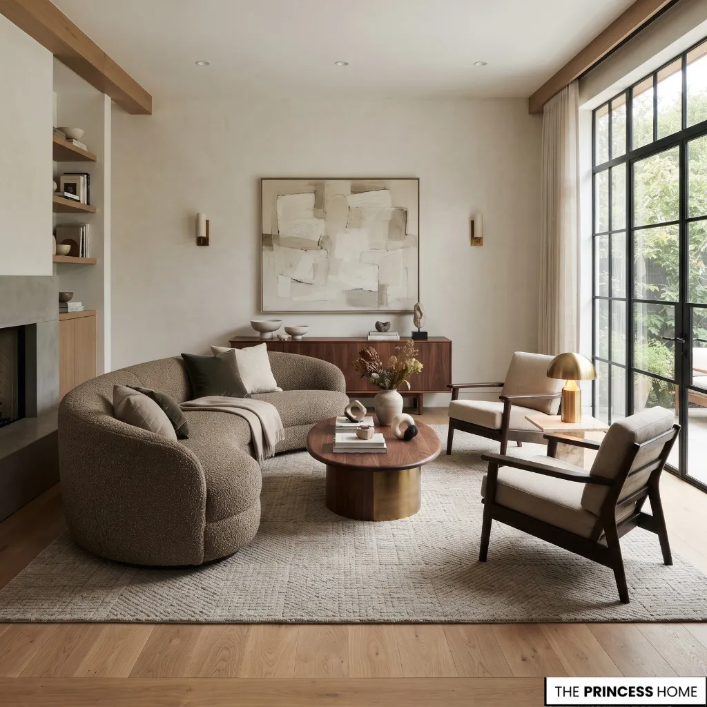 A modern living room featuring a curved brown sofa, an oval wooden coffee table, two armchairs, and floor-to-ceiling windows