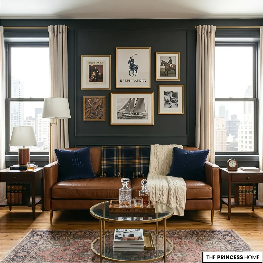 Modern Ralph Lauren living room featuring a dark gallery wall, tan leather sofa, navy velvet pillows, and gold-framed art.