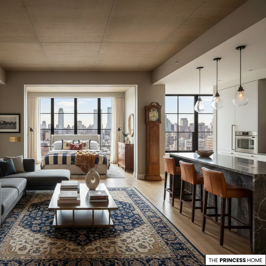 Modern Ralph Lauren apartment interior with leather stools, a marble kitchen island, and a skyline bedroom view.