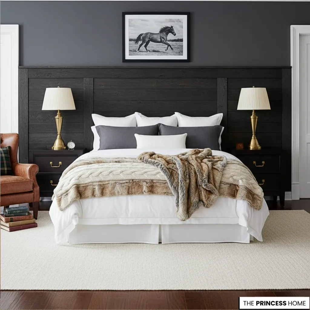 Modern Ralph Lauren bedroom with a dark wood paneled headboard, brass lamps, white bedding, and a horse print.