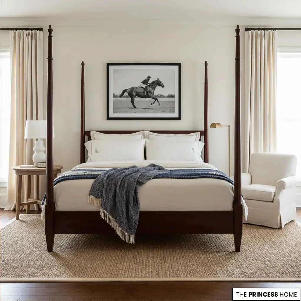 Modern Ralph Lauren bedroom with a dark wood four-poster bed, white linens, a jute rug, and equestrian framed artwork.