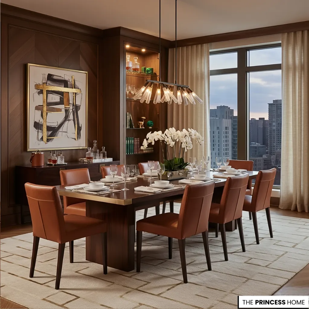 Modern Ralph Lauren dining room with a walnut table, tan leather chairs, a modern chandelier, and chevron wood paneling.