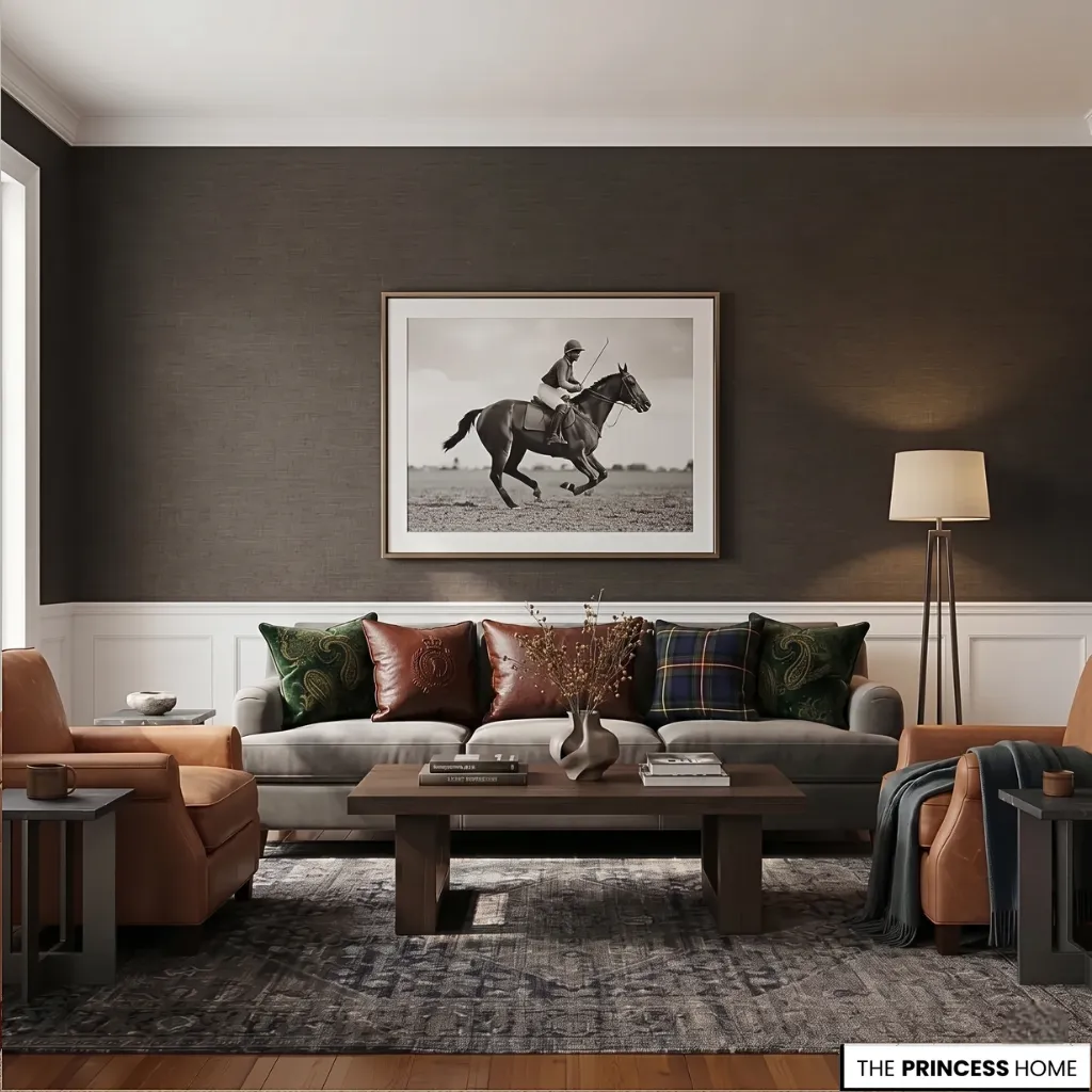 Modern Ralph Lauren living room with textured charcoal walls, a grey sofa, tan leather chairs, and a large horse painting.