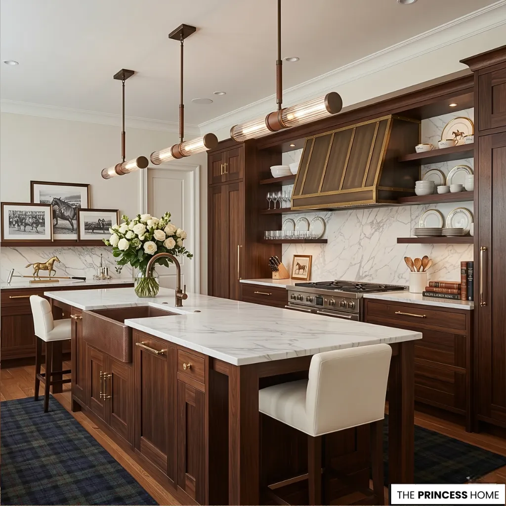 Modern Ralph Lauren kitchen with walnut cabinetry, marble countertops, brass hood, white stools, and a plaid rug.