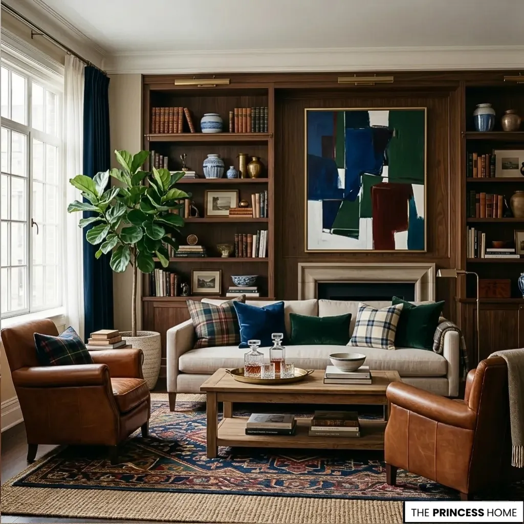Modern Ralph Lauren living room with built-in wooden bookshelves, tan leather armchairs, plaid pillows, and abstract canvas art.