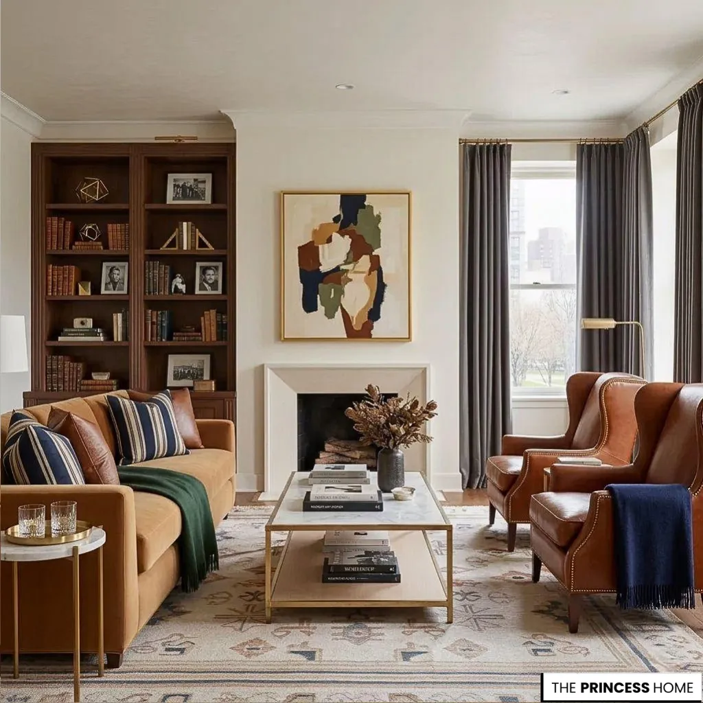 Modern Ralph Lauren living room with tan wingback chairs, a camel sofa, blue striped cushions, and a wooden bookcase.