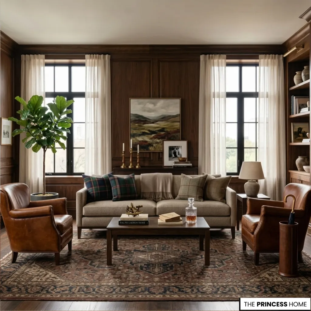Modern Ralph Lauren living room with walnut wood paneling, tan leather club chairs, plaid pillows, and a large fiddle leaf fig.