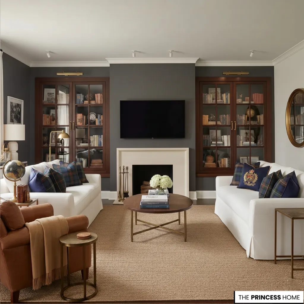 Modern Ralph Lauren living room with symmetrical dark grey walls, white sofas, plaid cushions, and built-in glass bookcases.
