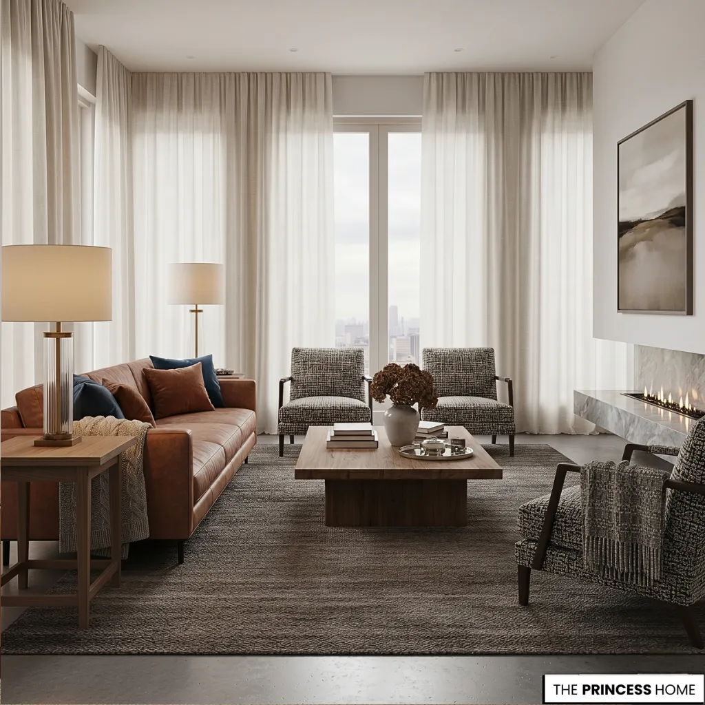 Modern Ralph Lauren living room with a tan leather sofa, patterned armchairs, textured rug, and linear fireplace.