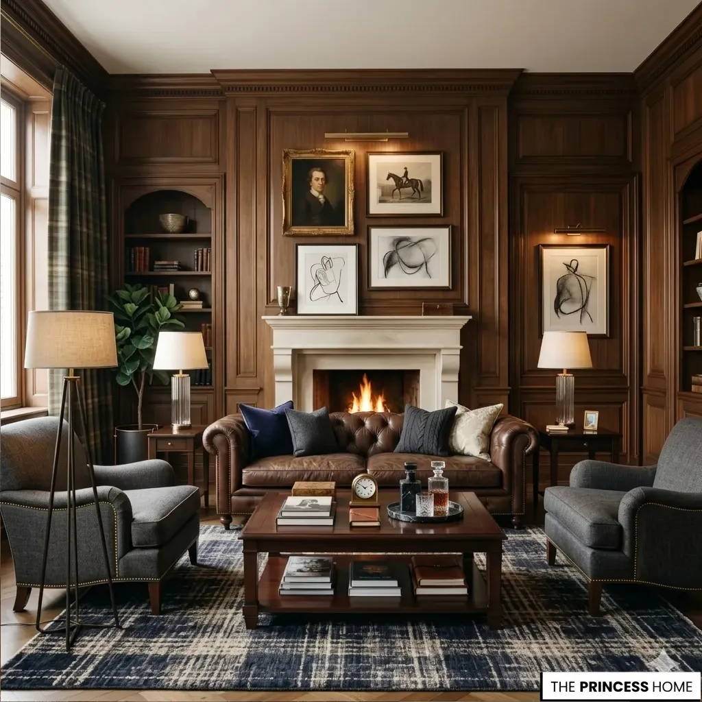 Modern Ralph Lauren living room with walnut wood paneling, a brown leather Chesterfield sofa, and a plaid rug.