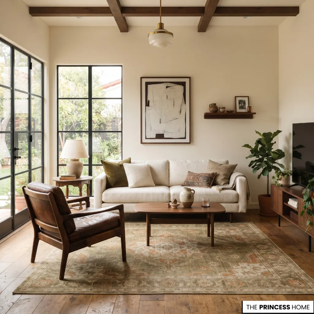 Modern living room combining contemporary seating with a vintage wooden chair and collected artwork