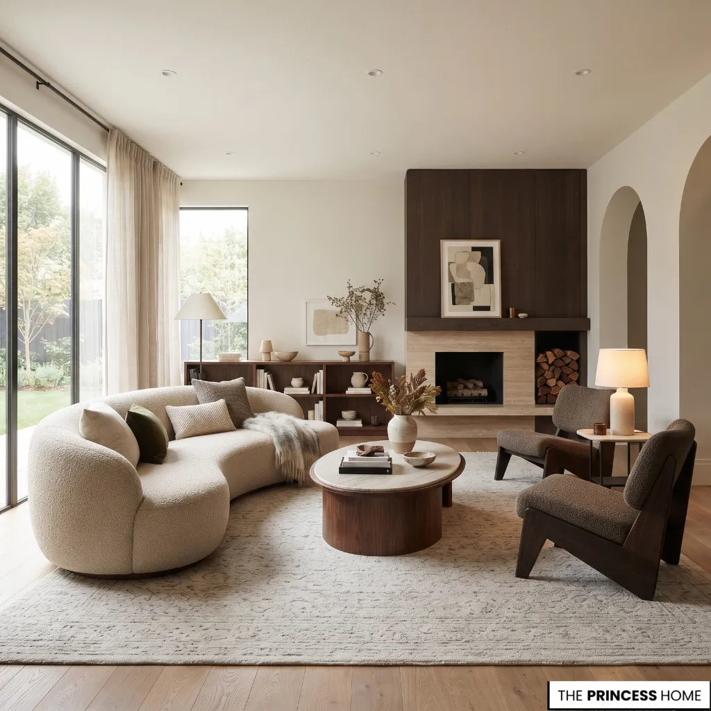 A warm modern living room featuring a curved cream bouclé sofa, an oval stone and wood coffee table, two textured armchairs, and a cozy fireplace
