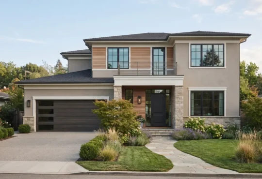Modern home exterior in a warm natural paint palette with coordinated trim, roof, stone, and landscaping