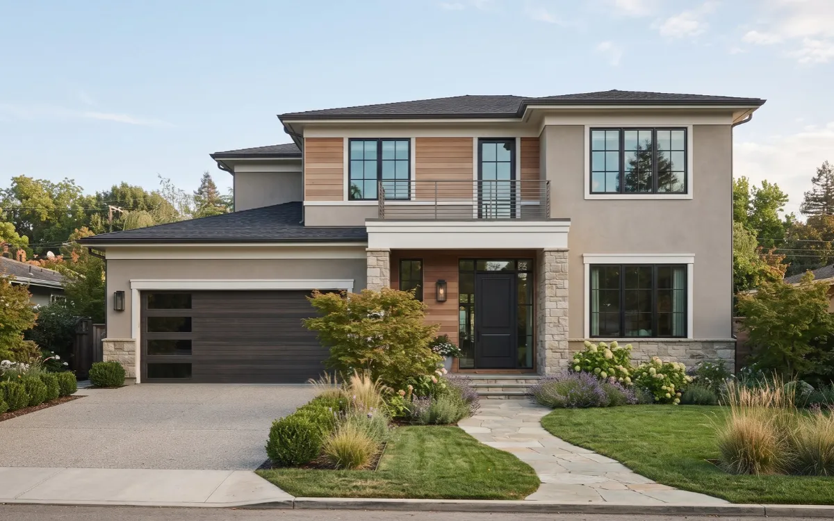 Modern home exterior in a warm natural paint palette with coordinated trim, roof, stone, and landscaping