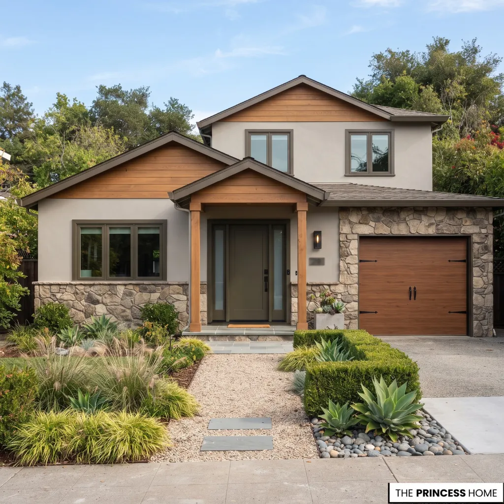 Updated home exterior using a refreshed front door and coordinated trim without full repainting